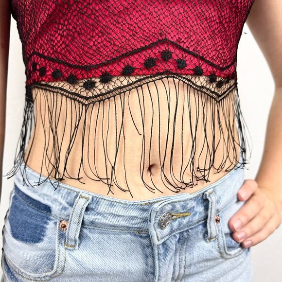 Vintage Y2K 90s Formula X Lace Mesh Fringe Whimsigoth Going Out Top Cropped Sz S - Picture 2 of 13
